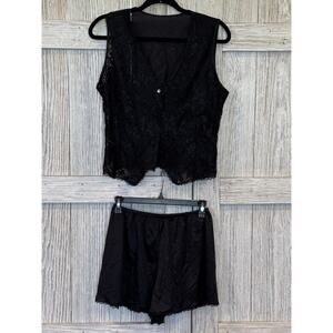 Colesce Collection Vtg Lingerie Lace Vest & Shorts Large Black Sheer Floral